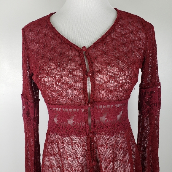 A'reve lace cardigan kimono maroon burgundy floral - Picture 4 of 9